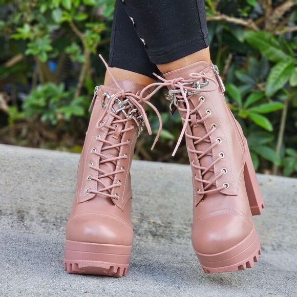 Shoes - Women's Nude Platform Heel Boots Chunky Ankle Lace Up